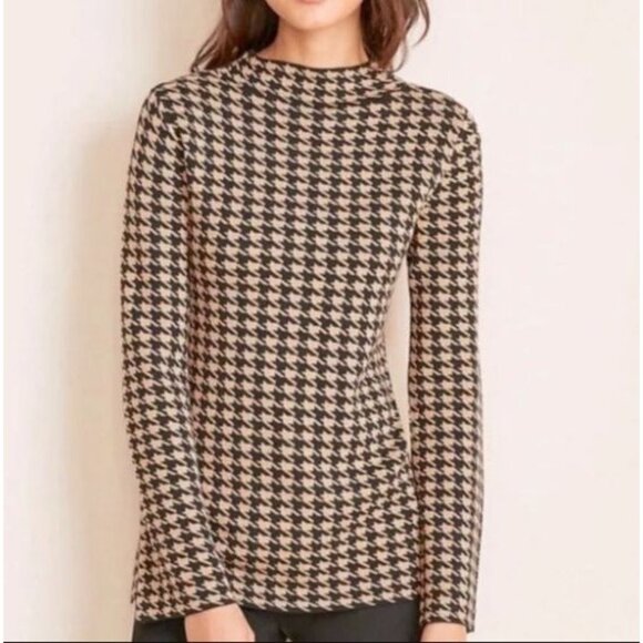 Ann Taylor Womens Small Petite Brown Black Houndstooth Mock Neck Sweater - Picture 1 of 10
